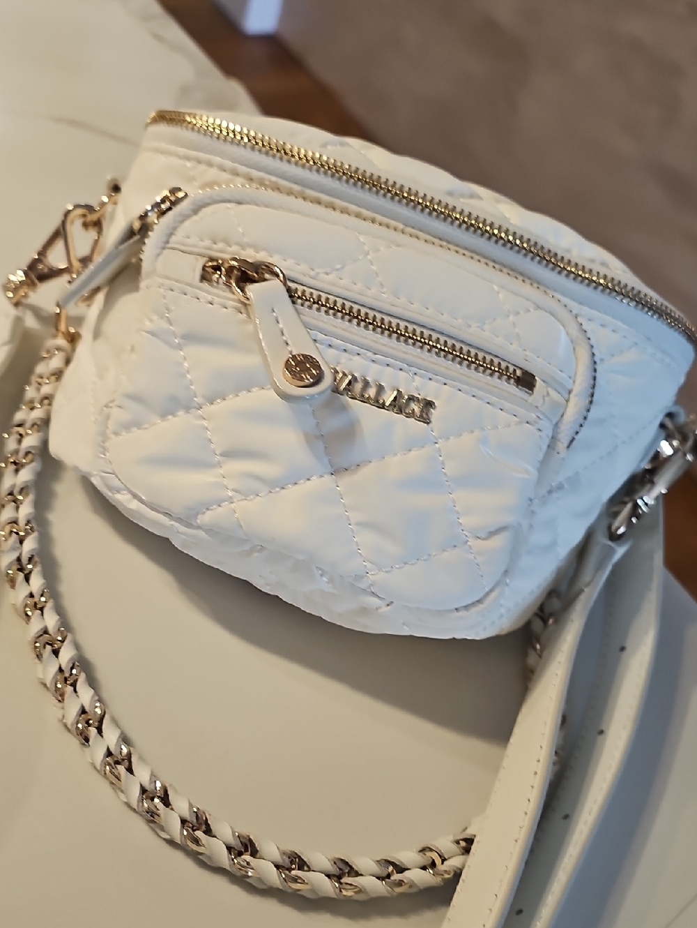 MZ WALLACE  White Quilted Crossbody with Silver  Chain Strap